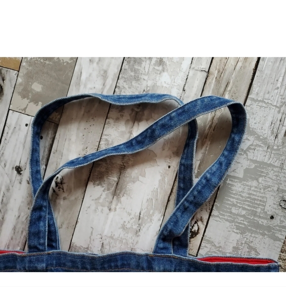 Handmade Denim Tote Bag With Red Flannel Lining And Three Applique' Cats - Picture 6 of 9